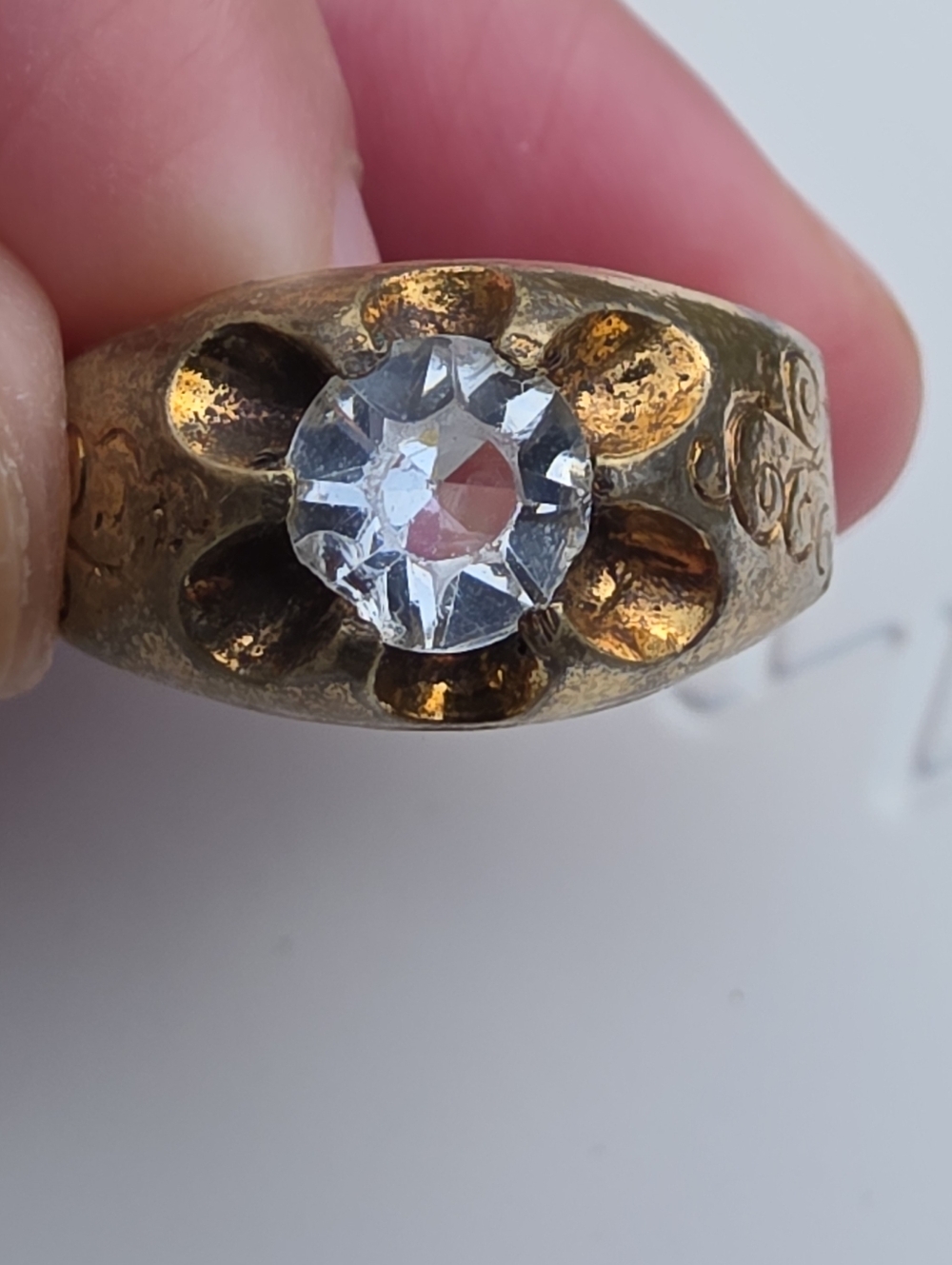 Antique Old Mine Cut Buttercup Style Bronze Ring Belcher Setting